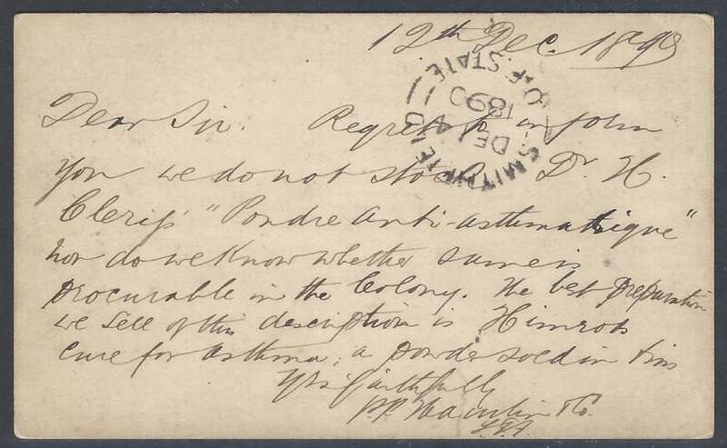 CAPE / OFS: 1890 Cape 1d p/card ALIWAL NORTH/ SMITHFIELD. See below.