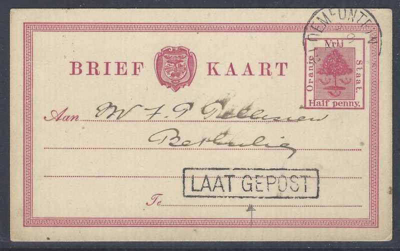 OFS: 1899 Rare "LAAT GEPOST" cachet on BRIEF KAART. BLOEMFONTEIN/BETHULIE. See below.