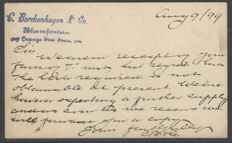 OFS: 1899 Rare "LAAT GEPOST" cachet on BRIEF KAART. BLOEMFONTEIN/BETHULIE. See below.