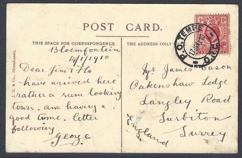 OFS (ORC) 1910 historic Bloemfontein p/card P.O. TEMPE/SURREY, England. See below.