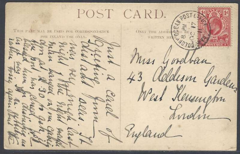 Cape Ocean PO: 1911 "SS Kenilworth Castle" card to London. See below.