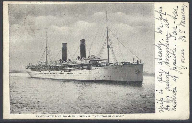 Cape Ocean PO: 1911 "SS Kenilworth Castle" card to London. See below.