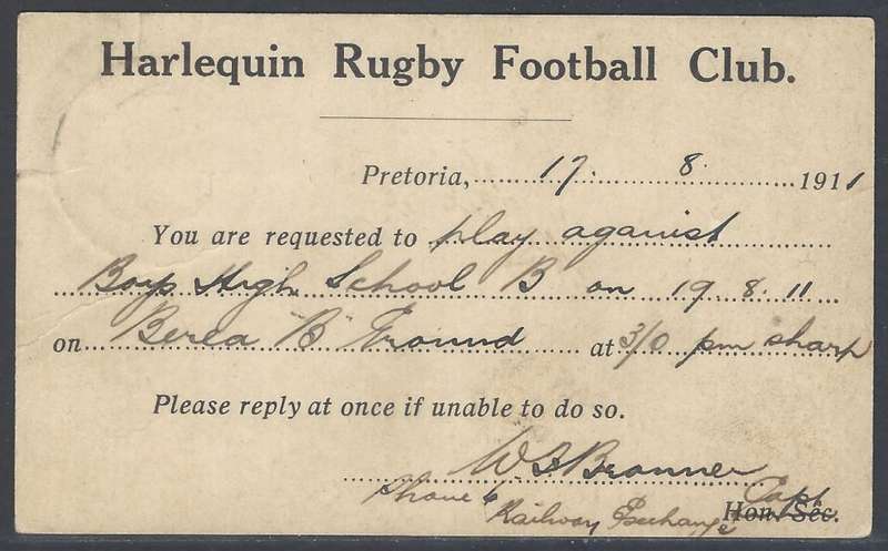OFS/Transvaal Inter-provincial: Historic 1911 HARLEQUIN R.F.C. O.R.C. card/Pretoria. See below.