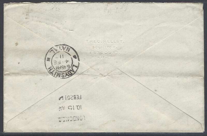 Cape/Natal Inter-provincial: 1911 cover with Cape used in Natal - ESCOURT. See below.