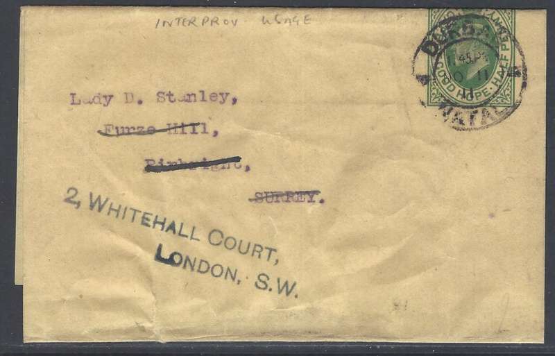 Cape/Natal Inter-provincial: 1911 Cape wrapper used from DURBAN to London. See below.