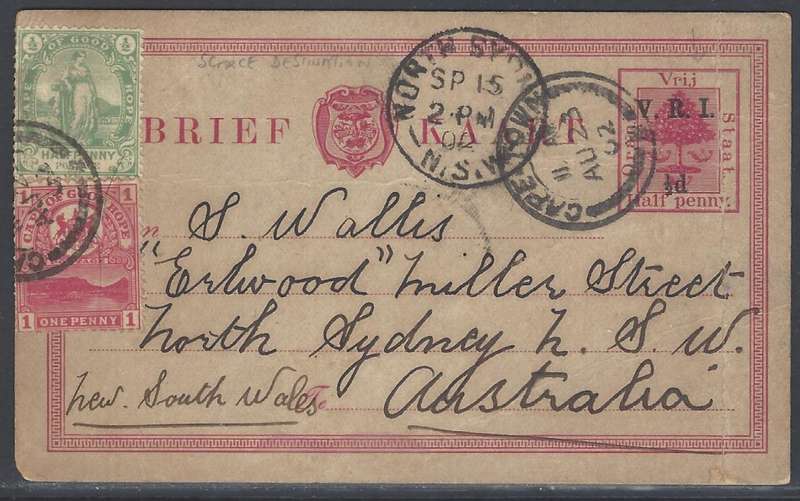 OFS/Cape: Rare 1902 uprated "V.R.I." Brief Kaart Cape Town/ NORTH SYDNEY, Australia. See below.