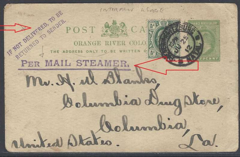 Natal/Tvl/O.R.C. Inter-provincial 1912 "PER MAIL STEAMER" card to USA. See below.