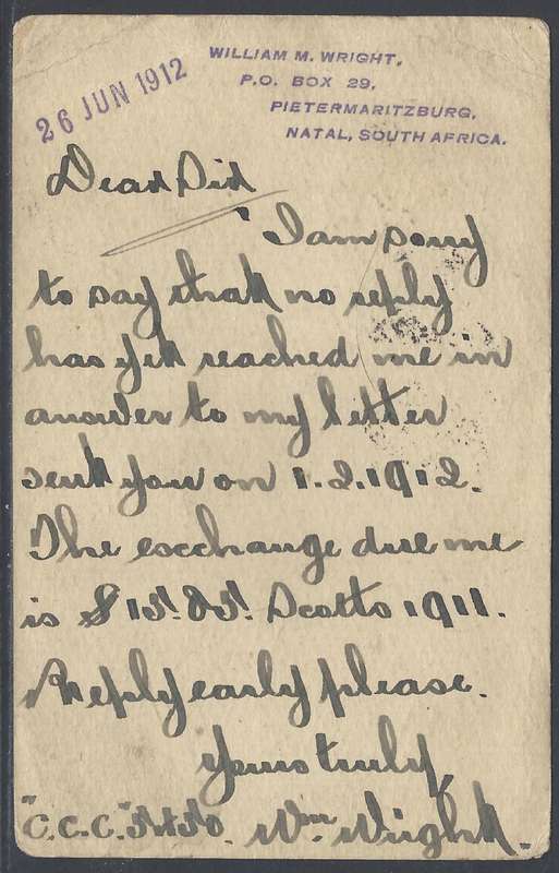 Natal/Tvl/O.R.C. Inter-provincial 1912 "PER MAIL STEAMER" card to USA. See below.
