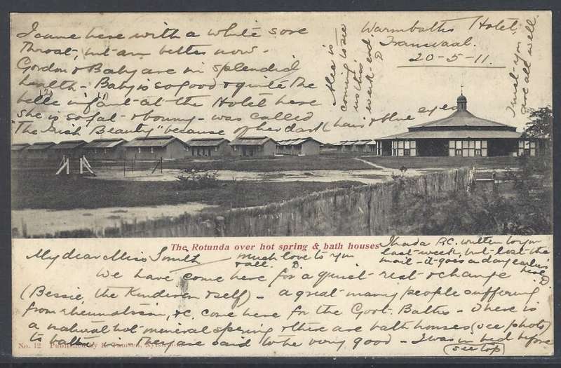 Transvaal/Natal Inter-provincial 1911 WARMBATHS HOTEL p/card PRETORIA/ENGLAND. See below.