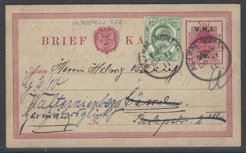 OFS/Cape Inter-provincial 1911 V.R.I. ovptd briefkaart ALIWAL NORTH/Germany. See below.
