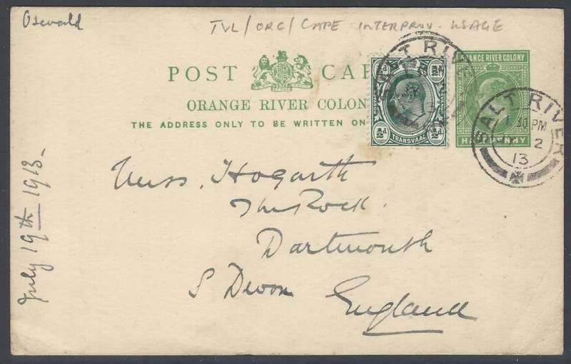 Cape/Transvaal/ORC Inter-provincial 1913 p/card SALT RIVER/England. See below.