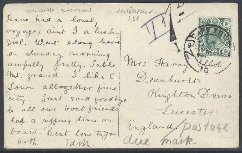 Transvaal/Cape Inter-provincial 1912 Cape TAXED p/card Cape Town/England. See below.