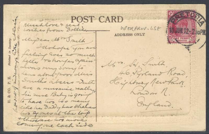 Transvaal/Cape Inter-provincial 1912 p/card PRETORIA/England. See below.