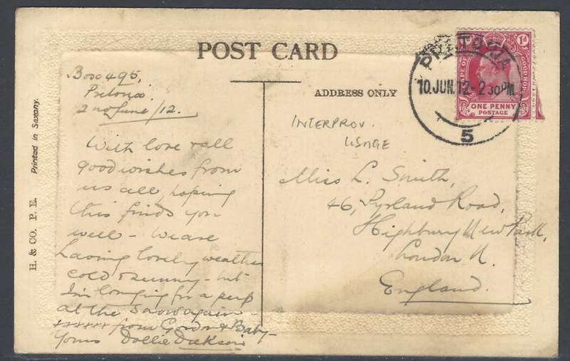 Transvaal/Cape Inter-provincial 1912 p/card PRETORIA/England. See below.