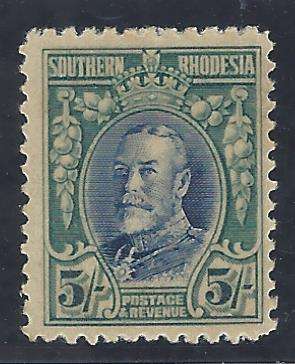 Rhodesia (Southern) 5/- `PRINTED ON GUM SIDE` fine unmounted. CV £8500/R 200000. SG 27a/SACC 29a.