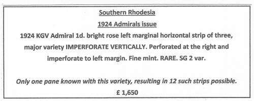 Rhodesia (Southern) 1924 Rarity: `IMPERFORATE VERTICALLY` strip of 3 VFM. SG 2aa/SACC 2g. See below.