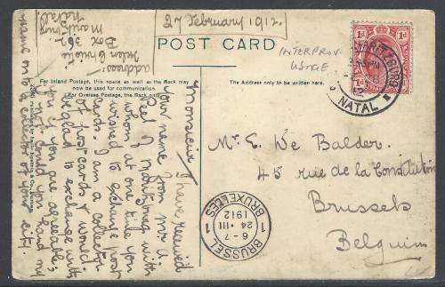 Natal/Transvaal Inter-provincial: Historic 1912 Pietermaritzburg card/Brussels. See below.