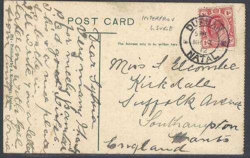 Natal/Transvaal Inter-provincial: Historic 1912 Ocean Beach card Durban/England. See below.