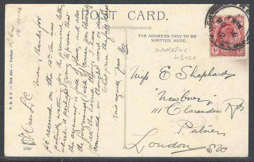 Natal/Transvaal Inter-provincial: Historic 1912 card Durban/England. See below.