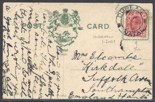 Natal/Transvaal Inter-provincial: Historic 1911 card Durban/England. See below.