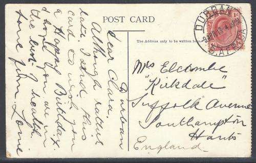 Natal/Transvaal Inter-provincial: Historic 1913 Botanical Gardens card Durban/England. See below.