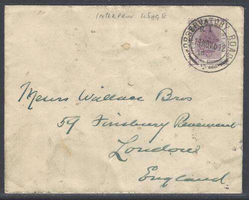 Cape/OFS Inter-provincial: 1912 `V.R.I.` cover OBSERVATORY ROAD/England. See below.
