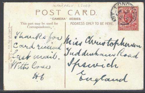 Cape/OFS Inter-provincial: 1911 Historic Vic Falls Rail bridge card East London/England. See below.