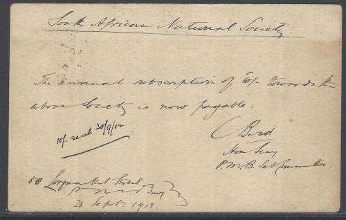 Natal/OFS Inter-provincial: 1912 ORC card Pietermaritzburg/England. See below.