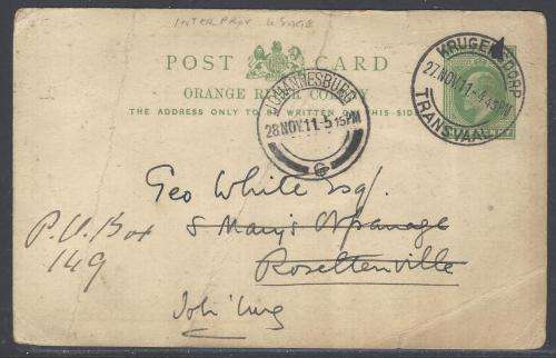 Transvaal/OFS Inter-provincial: 1911 ORC re-directed card Krugersdorp/Johannesburg. See below.