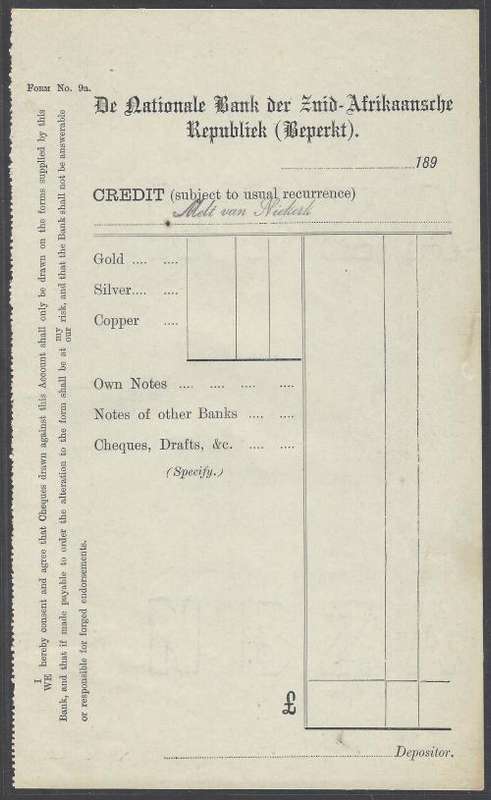 Transvaal (ZAR): Rare 1890`s NBZA Deposit form: Melt van Niekerk: Boer POW Bermuda.