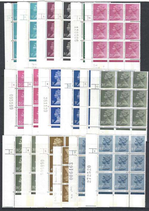 GB QE II collection 37 blocks of 9 MNH. Plate/sheet/phosphor bands, gum changes. See below.