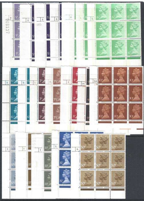 GB QE II collection 37 blocks of 9 MNH. Plate/sheet/phosphor bands, gum changes. See below.