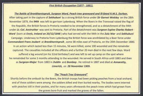 Transvaal 1880 Battle of Bronkhorstspruit, Surgeon Ward, the Peach Tree Graveyard and R.M.S. Durban.