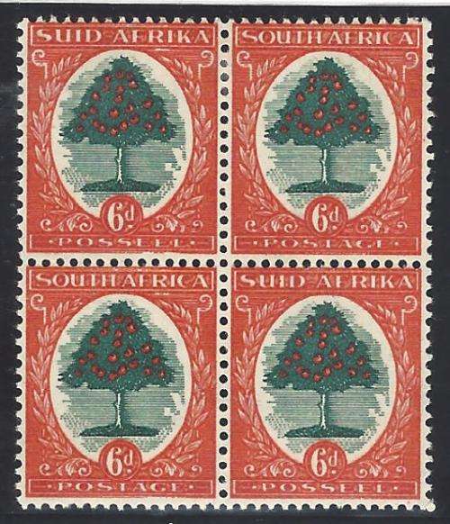 Union 1938 6d green & vermilion Type II block FM. SACC 60a. See below.
