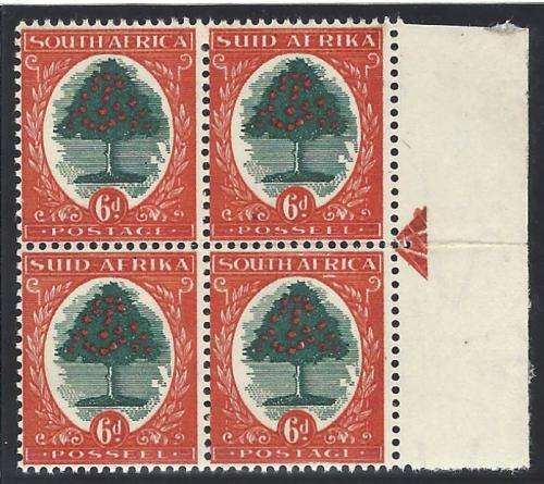 Union 1938 6d green & vermilion ARROW block Type II FM/MNH. SACC 60a. See below.