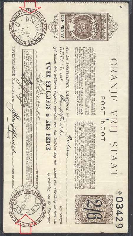 OFS/Transvaal Rare 1899 2/6 `Post Noot` from Kroonstad to Pretoria. See below.