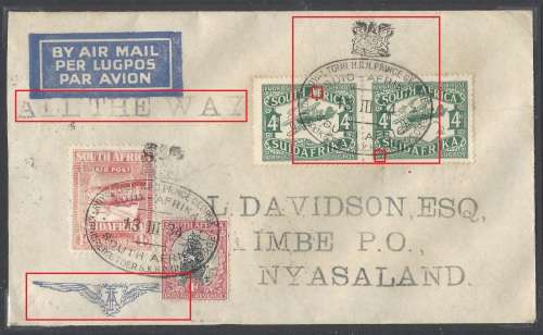 Union 1934 Scarce Air Mail cover with varieties to Limbe, Nyasaland. UHB 20 V1, 2. See below.