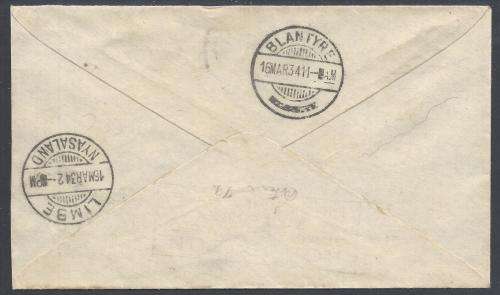 Union 1934 Scarce Air Mail cover with varieties to Limbe, Nyasaland. UHB 20 V1, 2. See below.