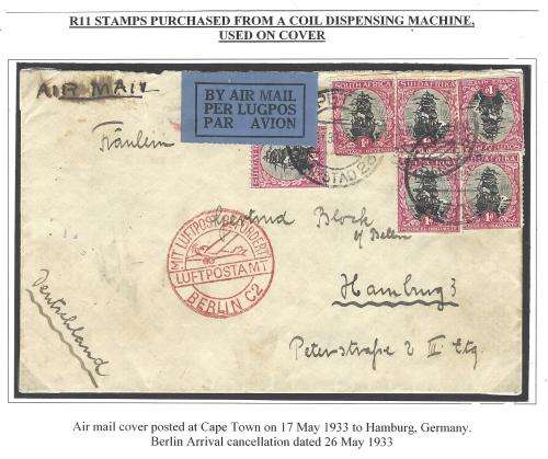 Union: 1933 Rare Roto R11 coils on cover to Hamburg  VFM. See below.
