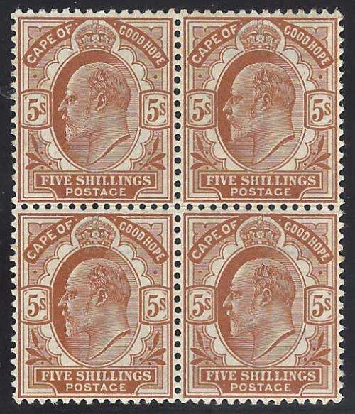 Cape 1902/4 Edward 5/- block superb MNH. SG 73/SACC 78. See below.