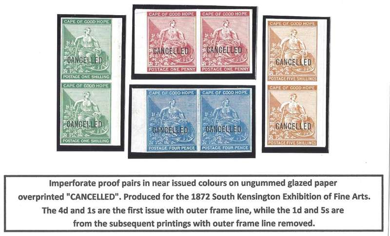 Cape 1872 set IMPERFORATE  PROOF pairs overprinted `CANCELLED`. See below.