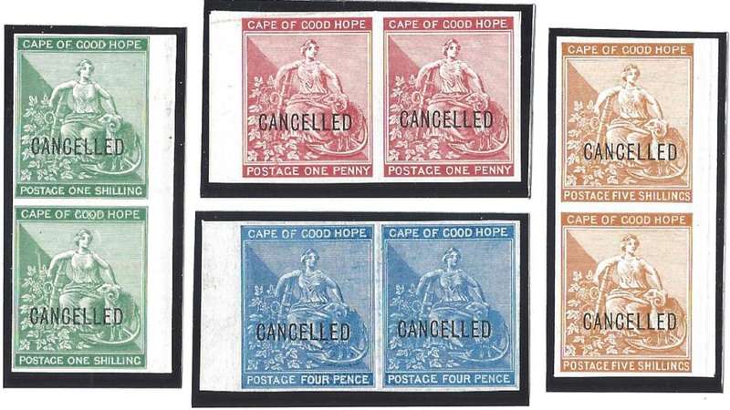 Cape 1872 set IMPERFORATE  PROOF pairs overprinted `CANCELLED`. See below.