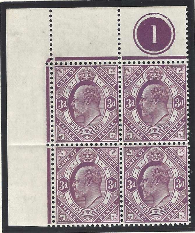 Cape 1902/4 SACC 69 plate corner block number 1 superb MNH. See below.