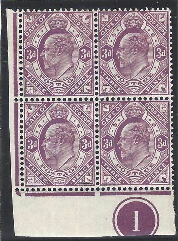 Cape 1902/4 SACC 69 plate corner block number 1 MNH/VFM. See below.