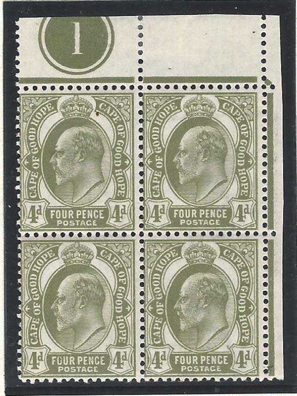 Cape 1902/4 SACC 70 plate corner block of 4 MNH. See below.