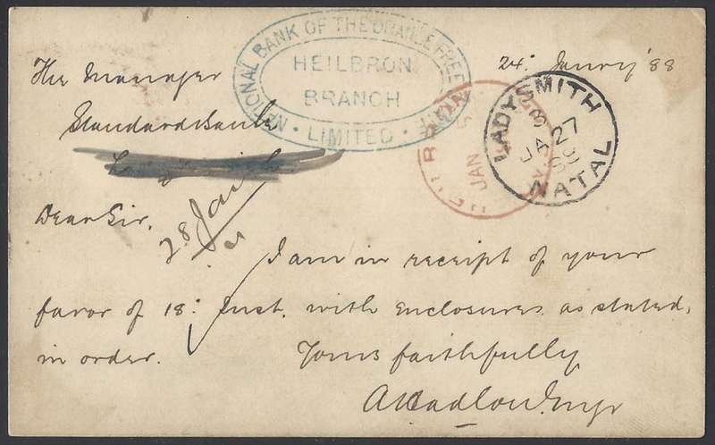 OFS 1888 1d Brief Kaart BONC 24 & Heilbron cds proving cover to Ladysmith. Very Scarce. See below.