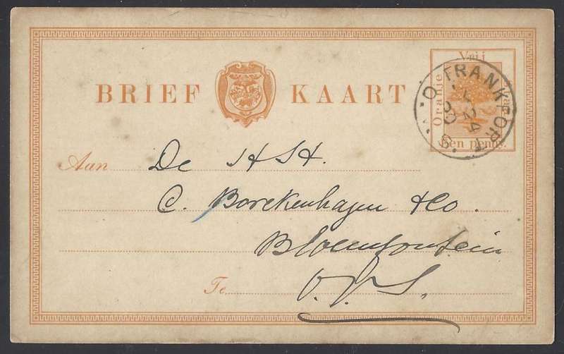 OFS 1890 1d Brief Kaart FRANKFORT to BLOEMFONTEIN. See below.