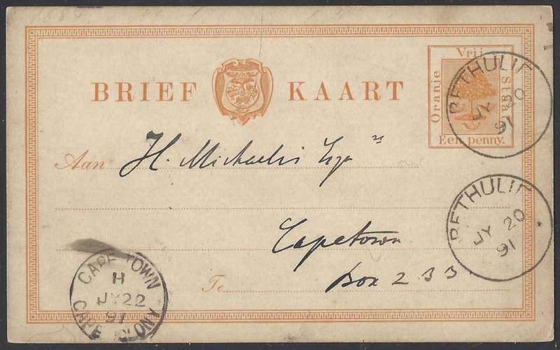 OFS 1891 1d Brief Kaart BETHULIE to CAPE TOWN. See below.