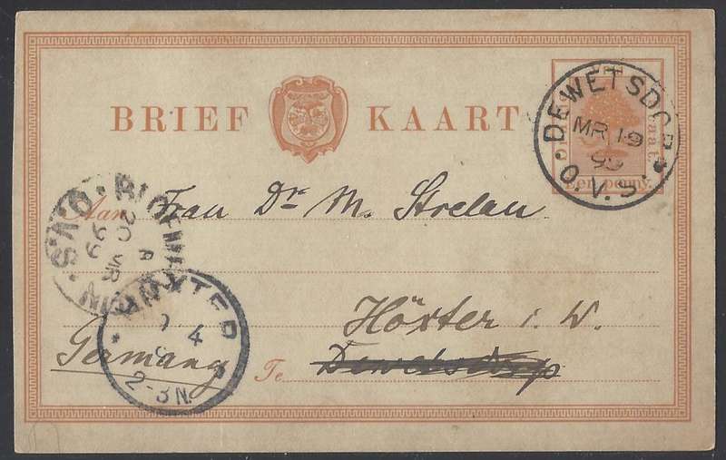 OFS 1899 redirected 1d Brief Kaart DEWETSDORP/BLOEMFONTEIN/GERMANY. See below.