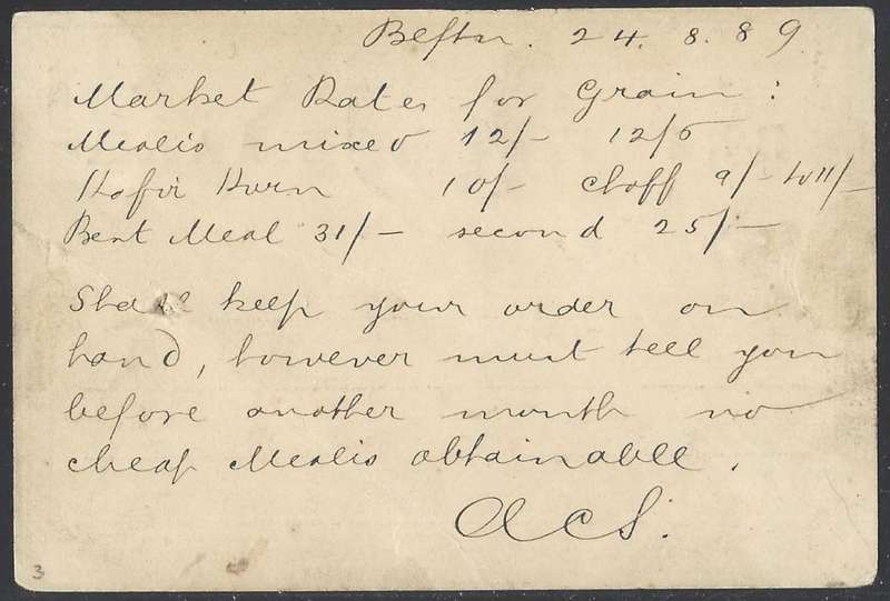 OFS 1889 Rare early 1d Postcard stamp Brief Kaart BLOEMFONTEIN  to LEEUVLEY(`EI`). See below.